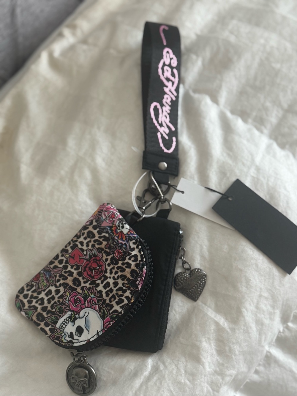 NWT Ed Hardy 3-Piece Wristlet Set Black Pouch & Leopard Skull Coin Purse - Picture 2 of 3